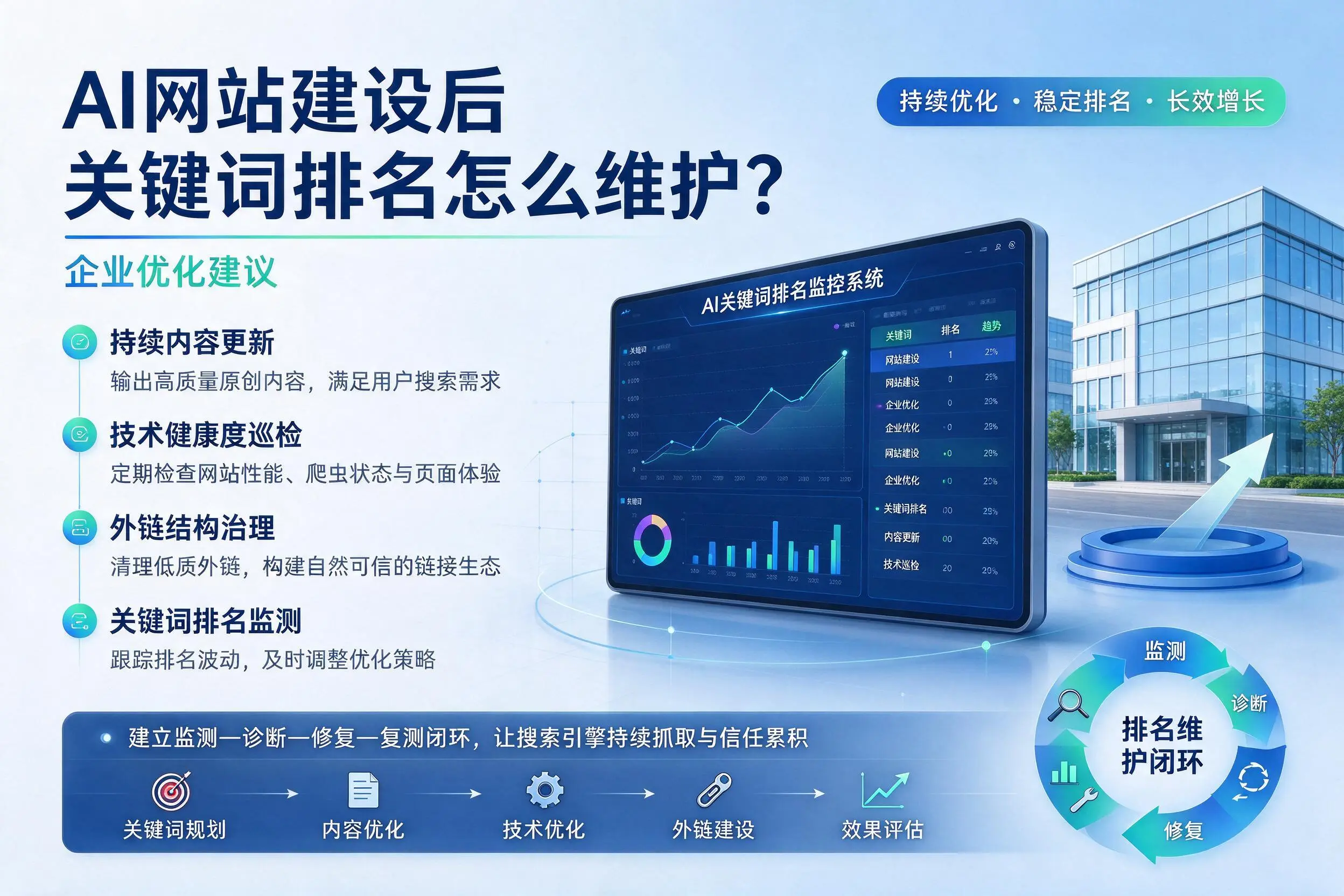 AI网站建设后关键词排名怎么维护?阳江企业优化建议