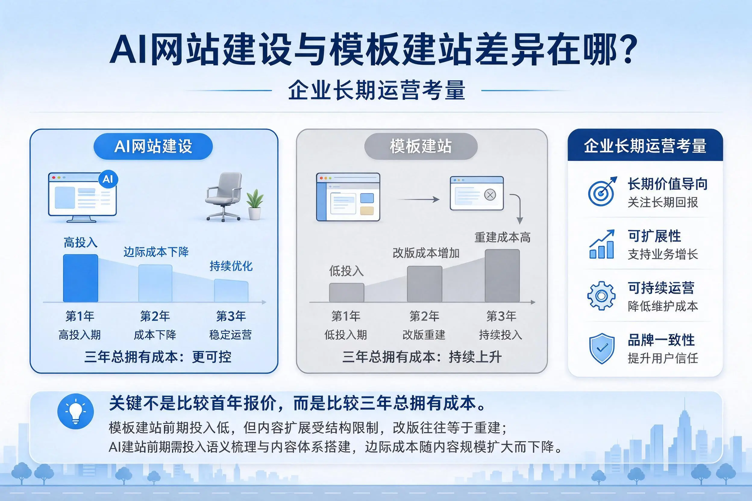 AI网站建设与模板建站差异在哪?阳江企业长期运营考量